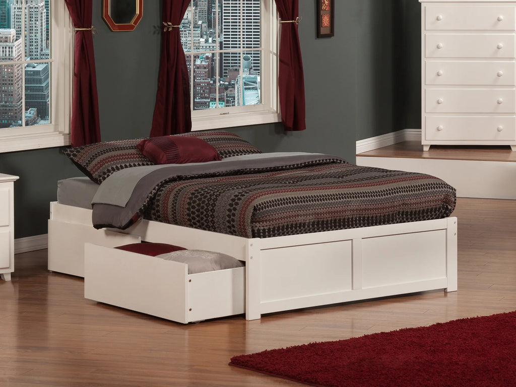White Solid Wood Platform Bed with Footboard and 2 Storage Drawers P64998