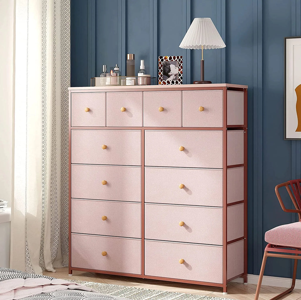 Pink 12 Drawer Dresser with Wood Top W1109