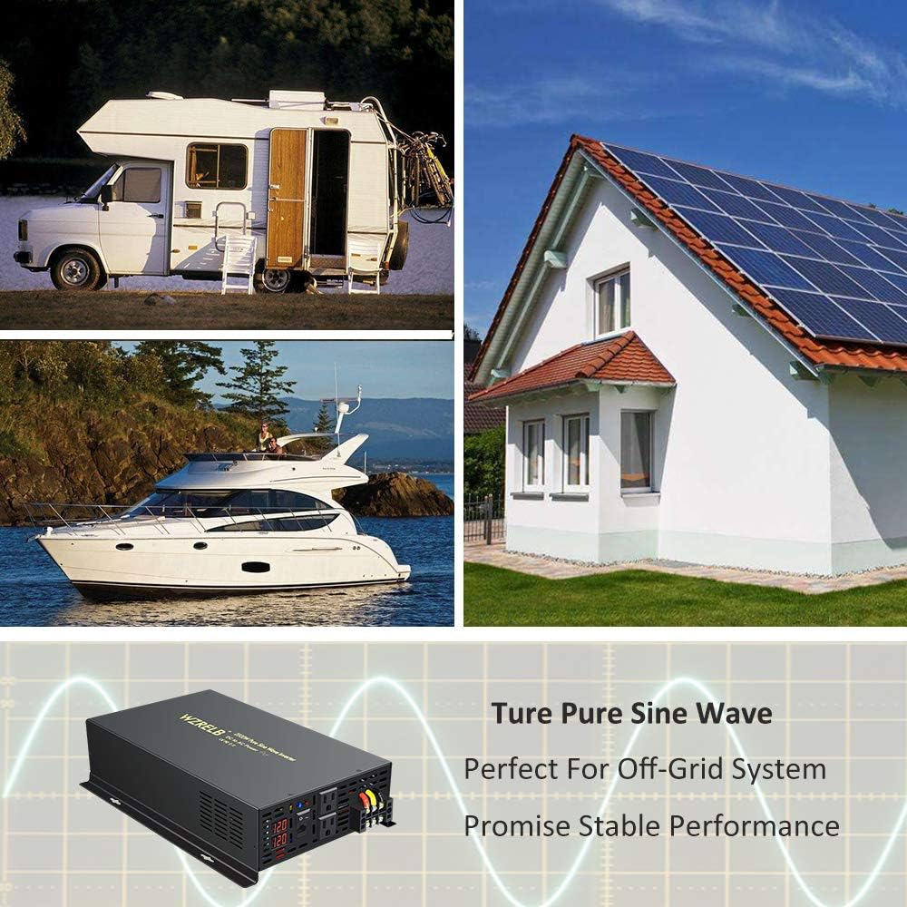 2500W 12VDC 120VAC Pure Sine Wave Power Inverter with 2 AC Outlets Wired Remote Control W165