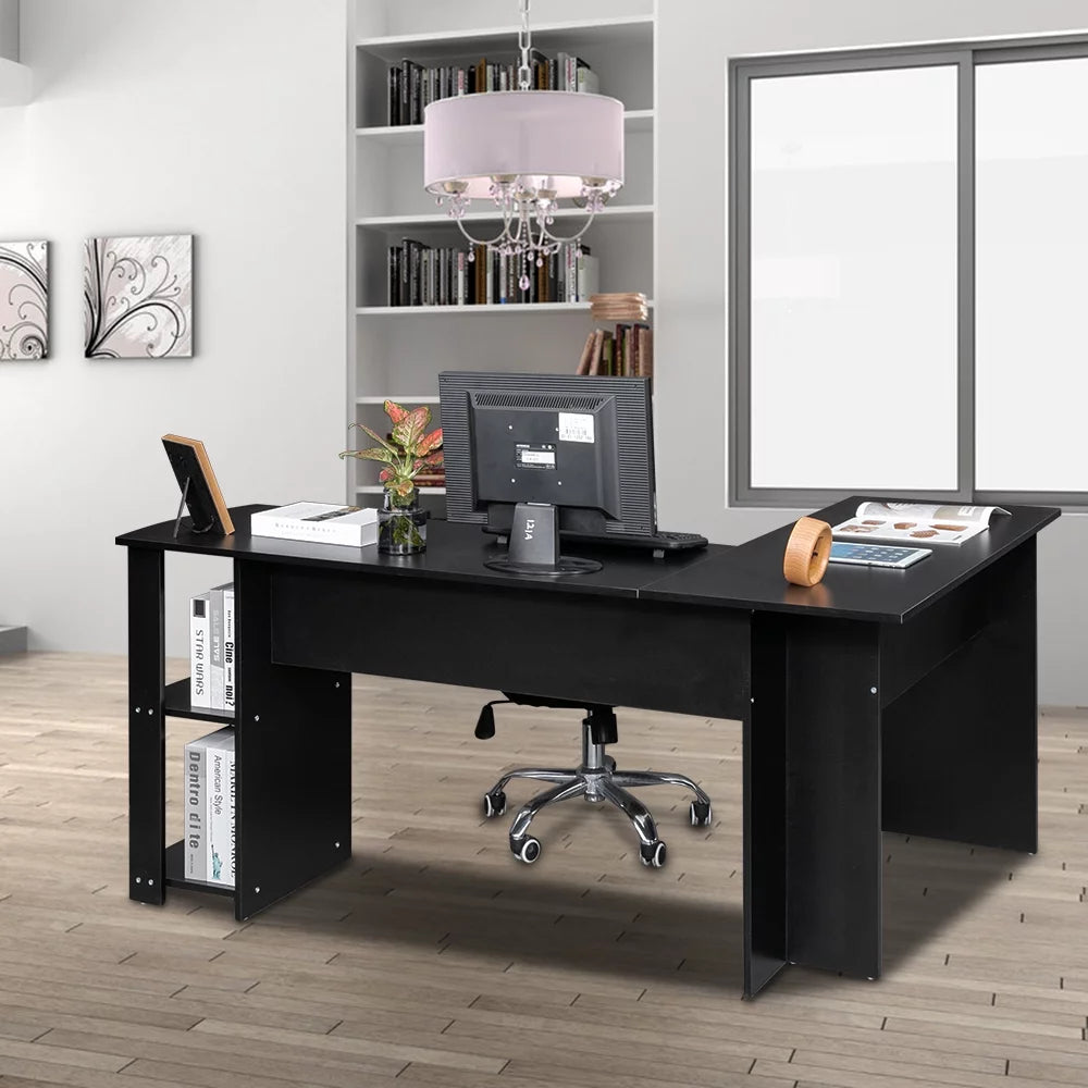 Black L-Shaped Corner Computer Desk with Bookshelves U450540