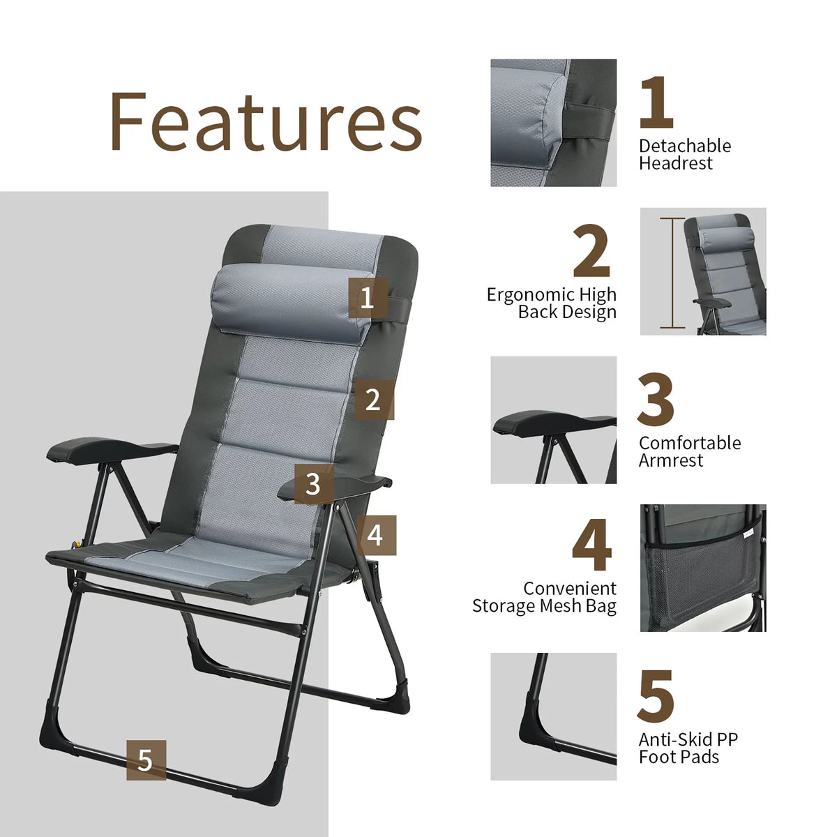 4 PCS Gray Patio Folding Chair Ottoman Set F218