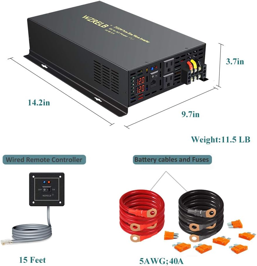 2500W 12VDC 120VAC Pure Sine Wave Power Inverter with 2 AC Outlets Wired Remote Control W165