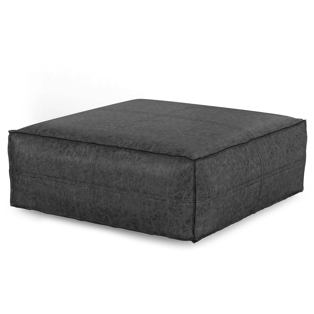 Distressed Black Vegan Faux Leather Pouf N209431