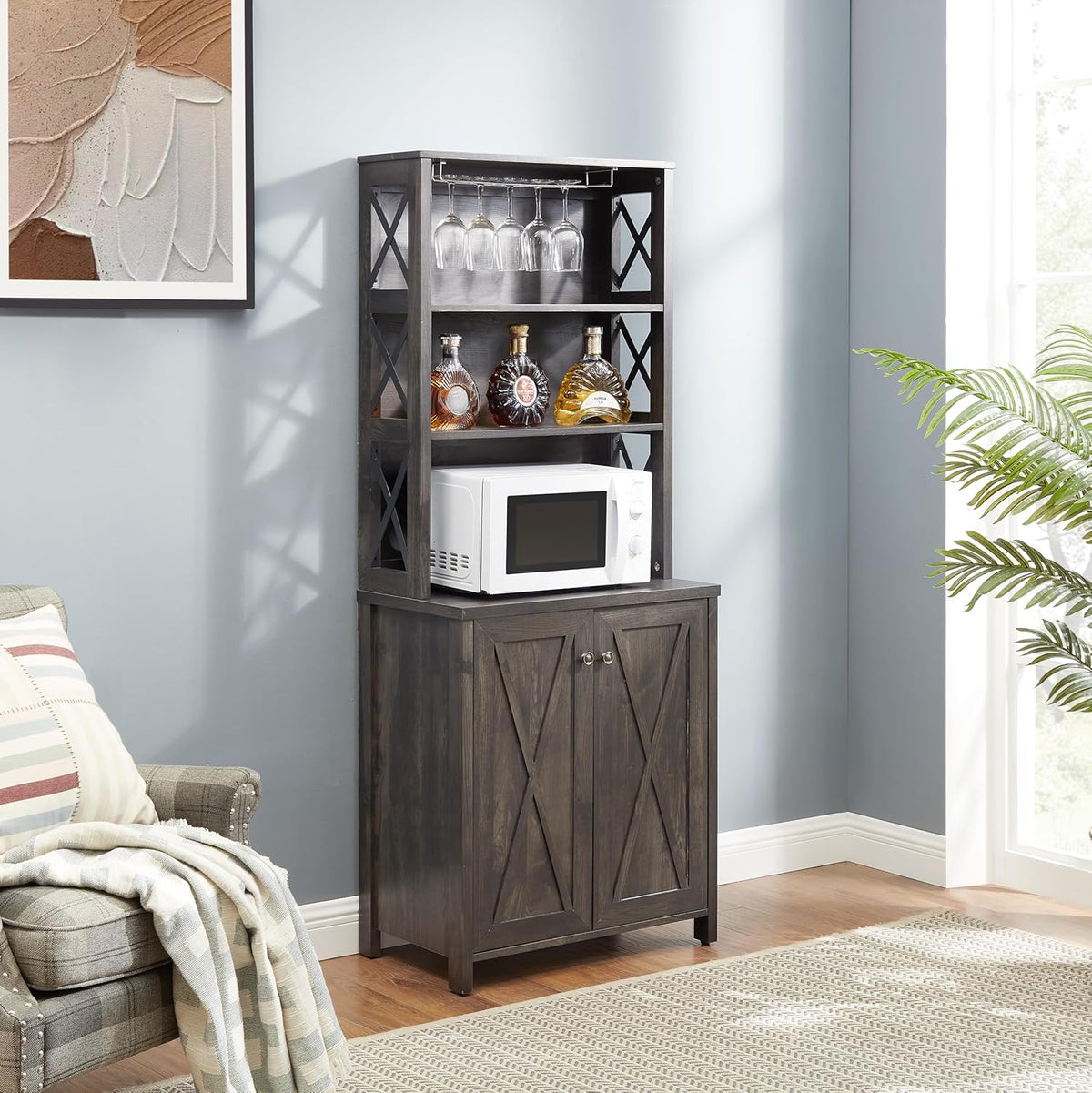 Charcoal Gray Coffee Bar Cabinet with Microwave Stand Q549182