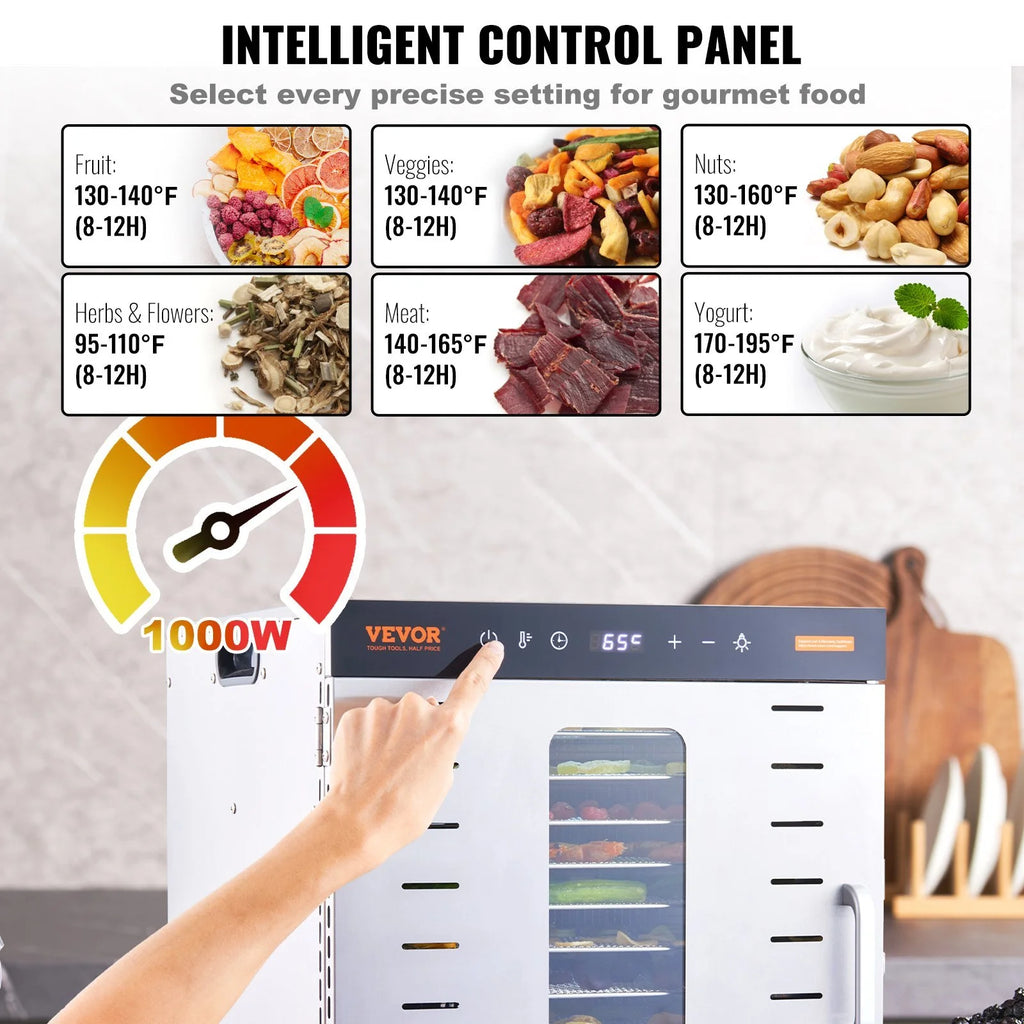 Food Dehydrator Machine, 10 Stainless Steel Trays, 1000W Electric Food Dryer F821788