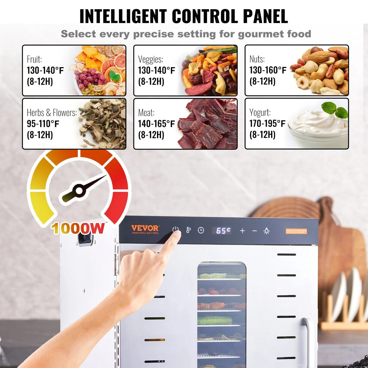Food Dehydrator Machine, 10 Stainless Steel Trays, 1000W Electric Food Dryer F821788