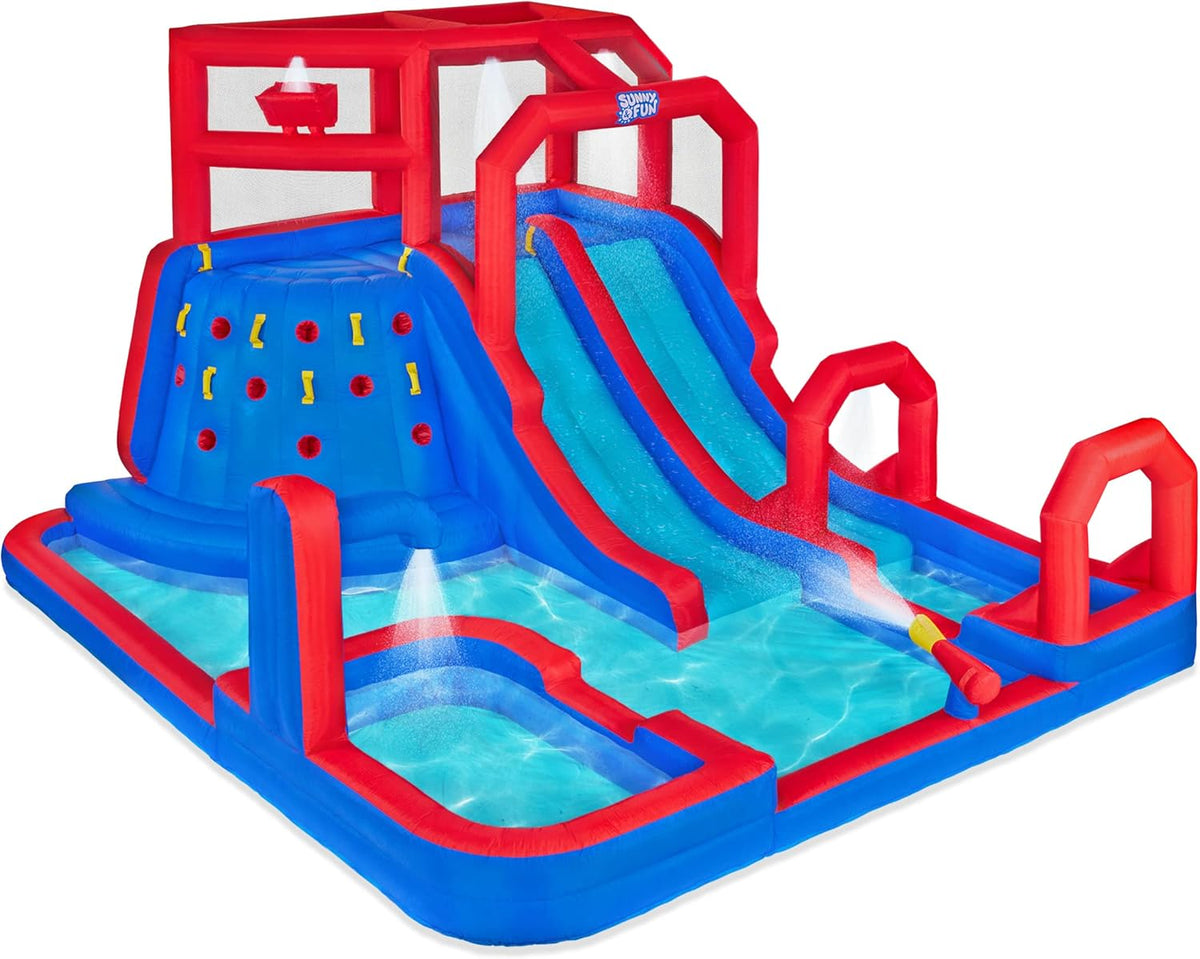 Inflatable Water Slide Park with Climbing Wall, 2 Slides, Pool, Air Pump & Carrying Case C9294