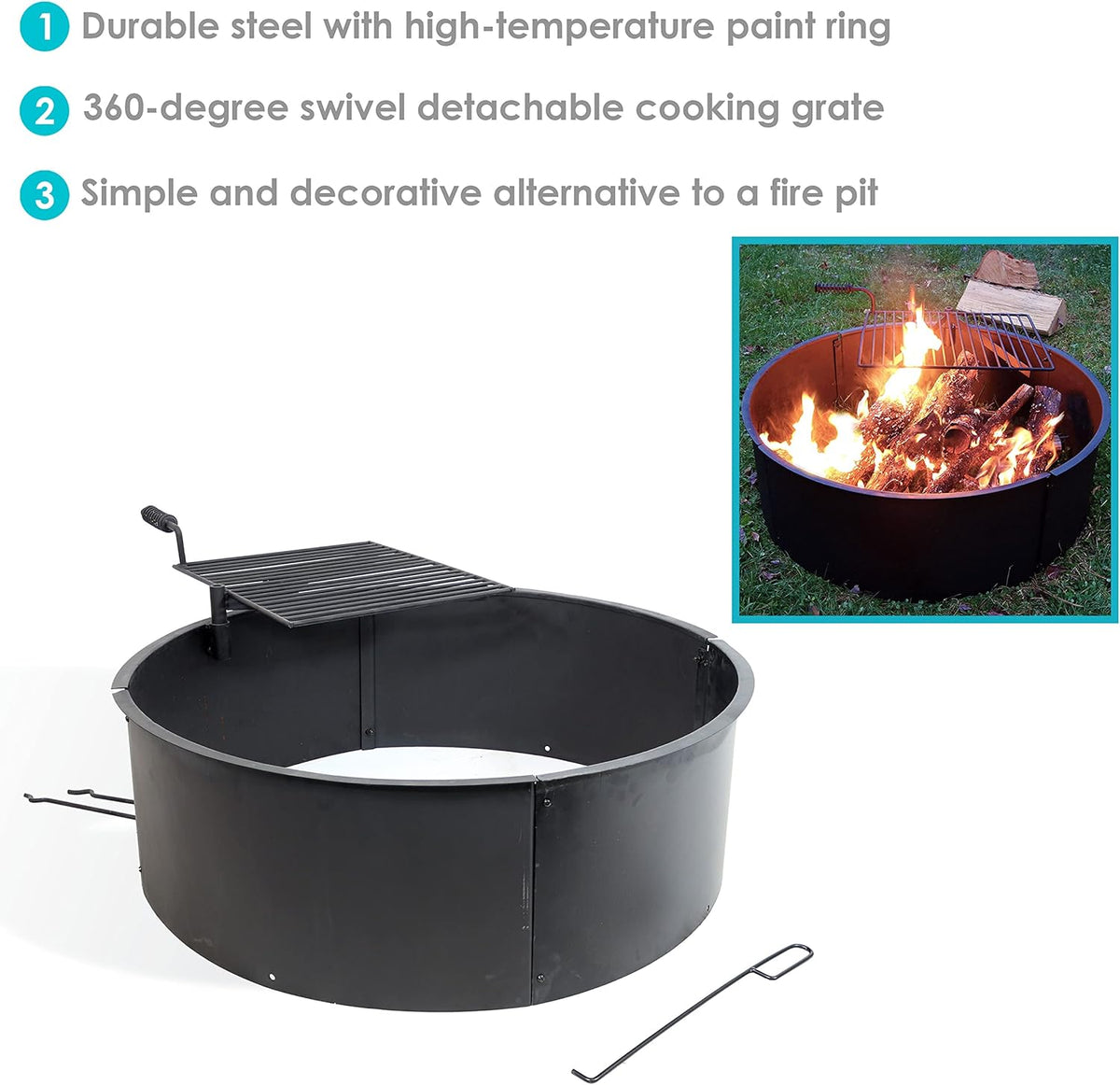 36 Inch Heavy Duty Steel Wood Burning Fire Pit with Cooking Grate and Fire Poker D684