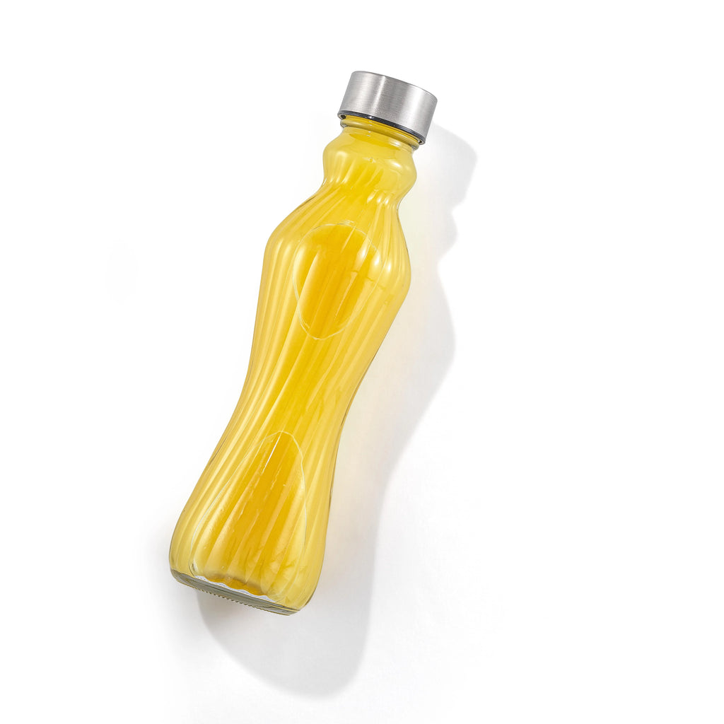 Fluted Glass Water Bottles with Stainless Steel Lids 18oz Set of 6 I544917