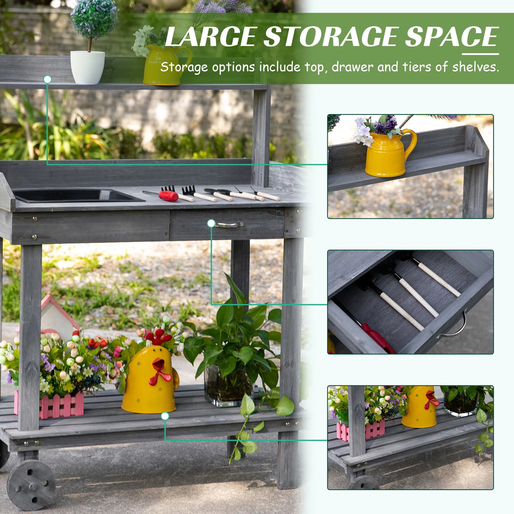 36" x 18" x 47" Wood Potting Bench Work Table with 2 Wheels, Grey N825313