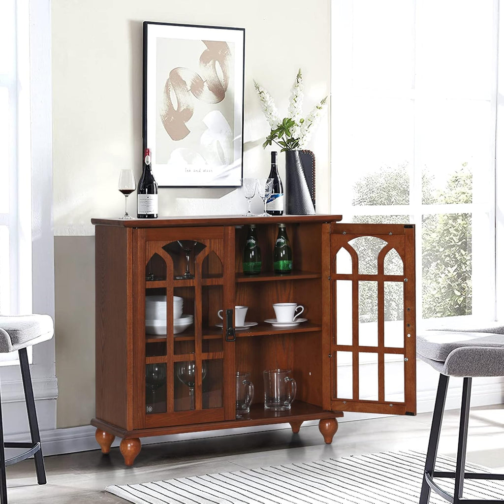 Wood Sideboard Cabinet with Glass Double Doors and Adjustable Shelves R184