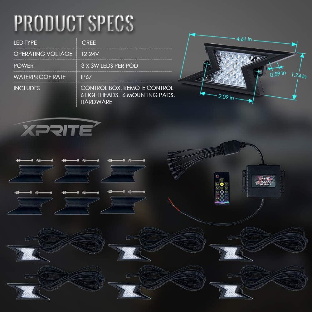 RGB LED Rock Lights Kit with Wireless Remote Control, 6PCS Q921125