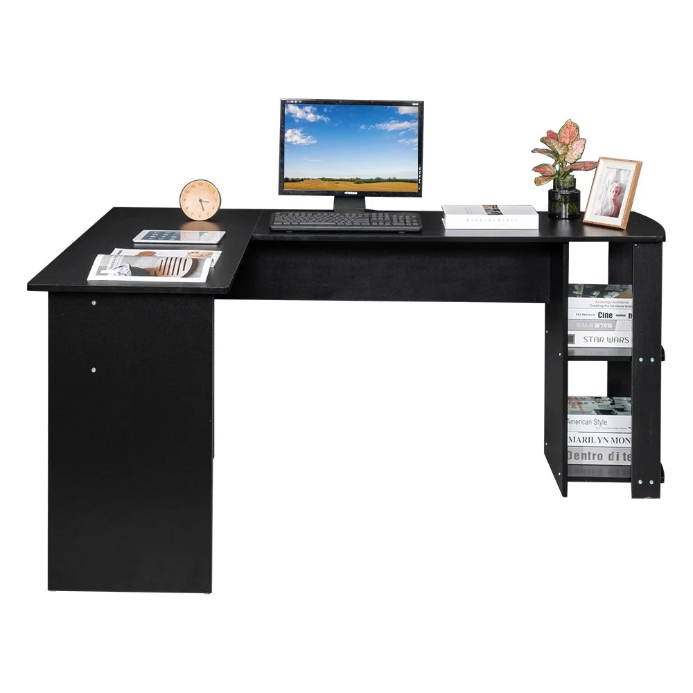 Black L-Shaped Corner Computer Desk with Bookshelves U450540