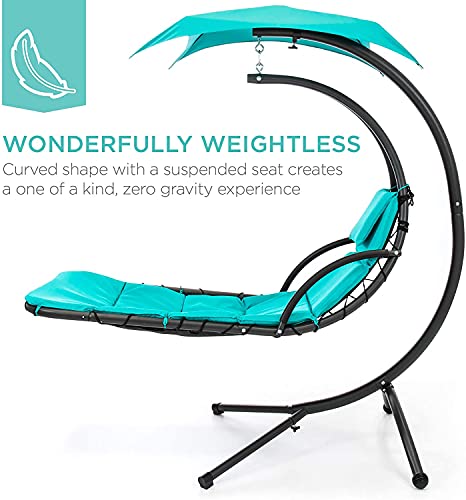 Teal Curved Steel Chaise Lounge Chair Swing with Built-in Pillow and Removable Canopy M25178