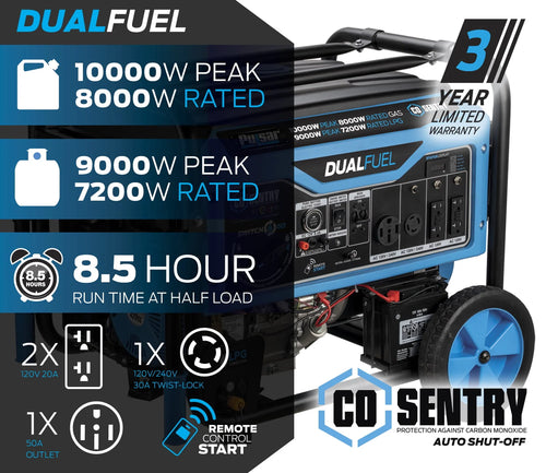 10,000 Watt Dual Fuel Portable Generator with Remote Start S1272