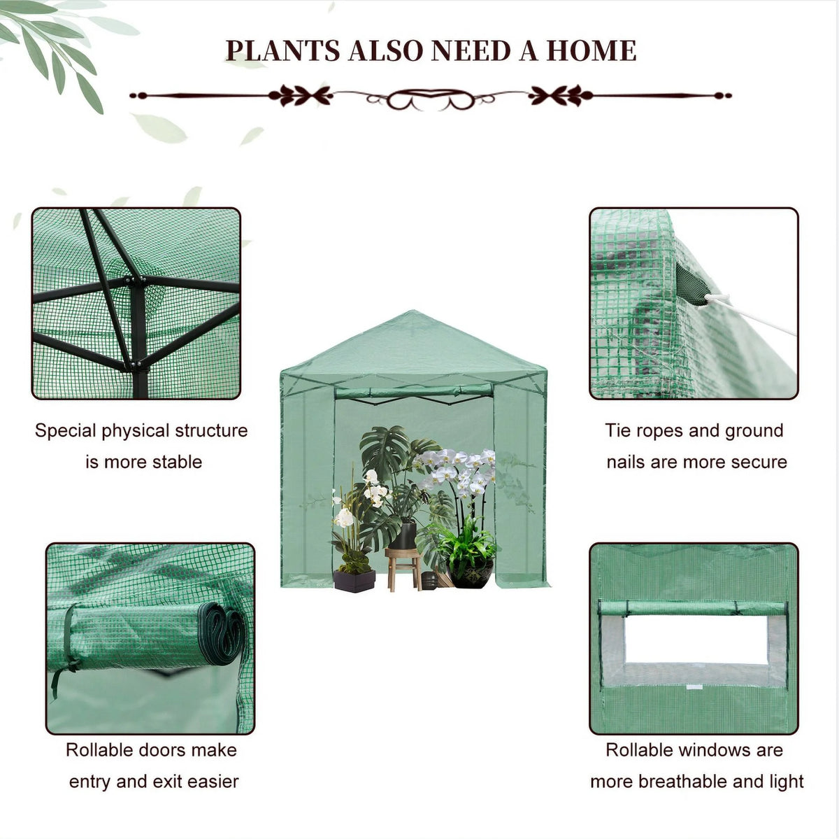 8x8 Ft Pop-up Walk-in Greenhouse with Roll-up Zip Door and 2 Windows W391494