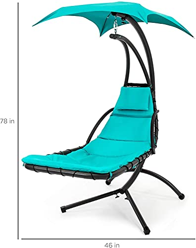 Teal Curved Steel Chaise Lounge Chair Swing with Built-in Pillow and Removable Canopy M25178