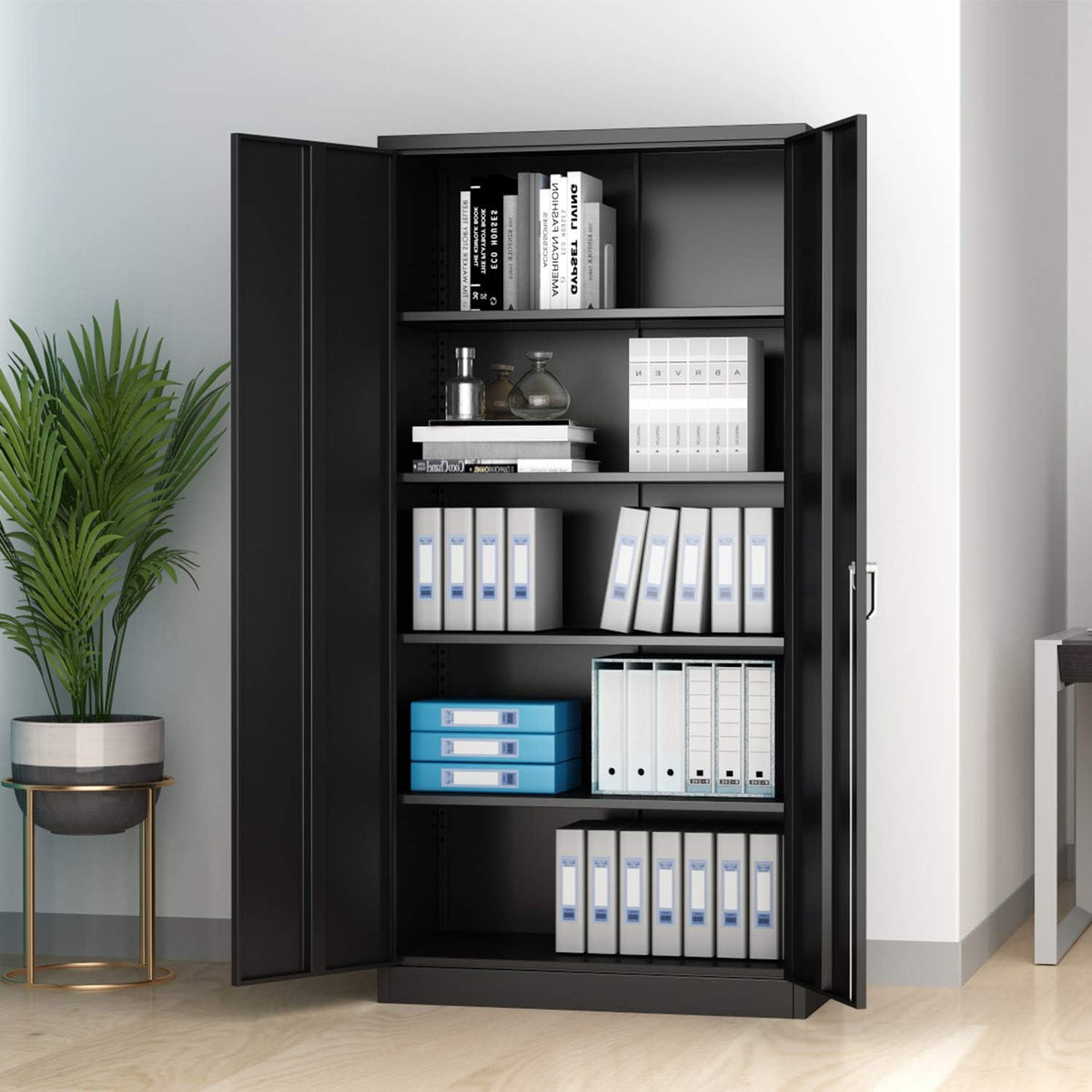 Black Metal Storage Cabinet with 4 Adjustable Shelves and Lockable Doors F452