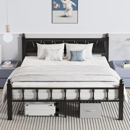Queen Size Black Metal Bed Frame with Vintage Industrial Headboard Q17973