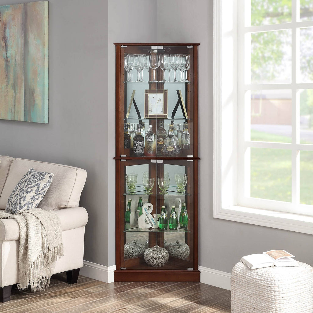 Lighted Corner Curio Cabinet with Tempered Glass Door, 6 Shelves, Walnut M56763