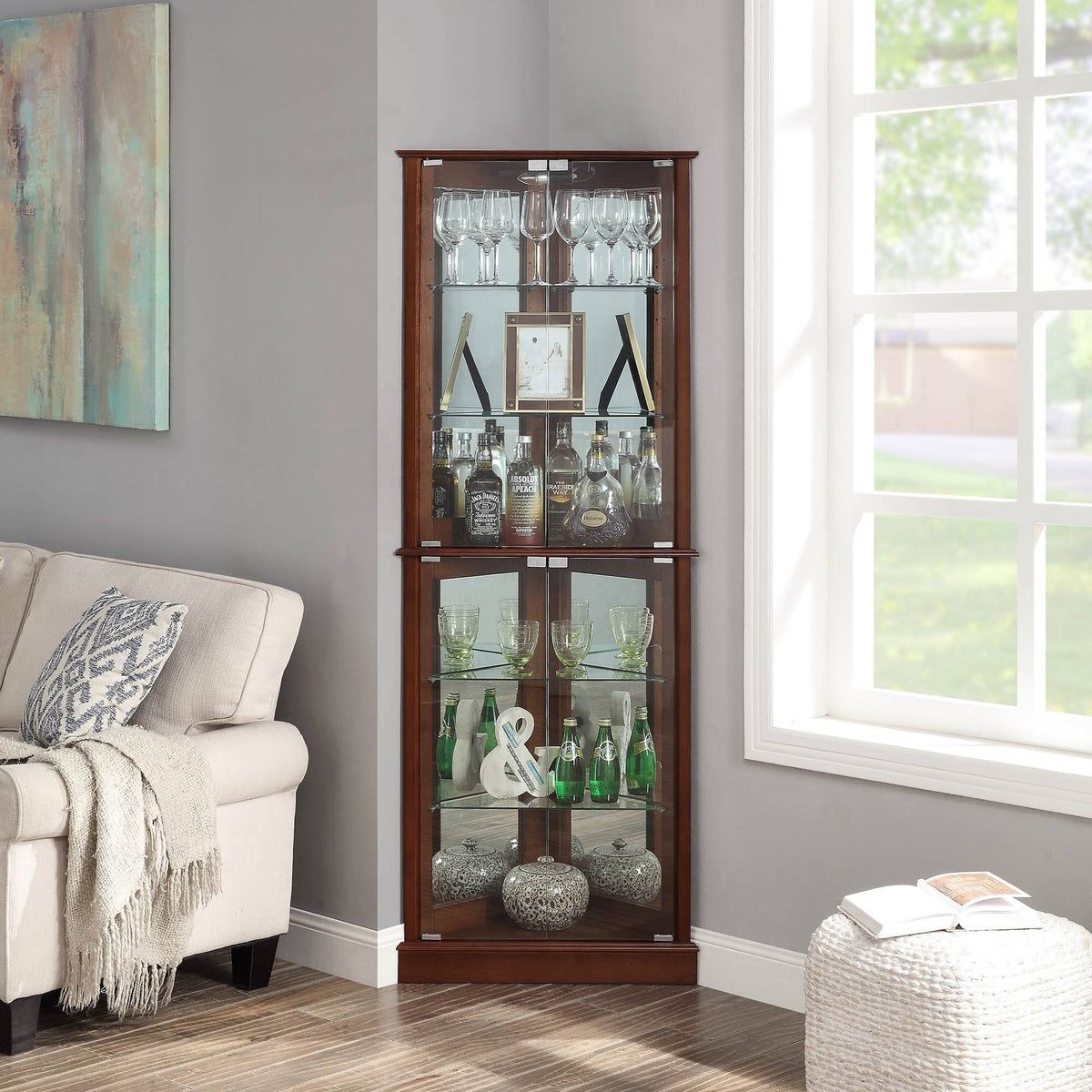 Lighted Corner Curio Cabinet with Tempered Glass Door, 6 Shelves, Walnut M56763