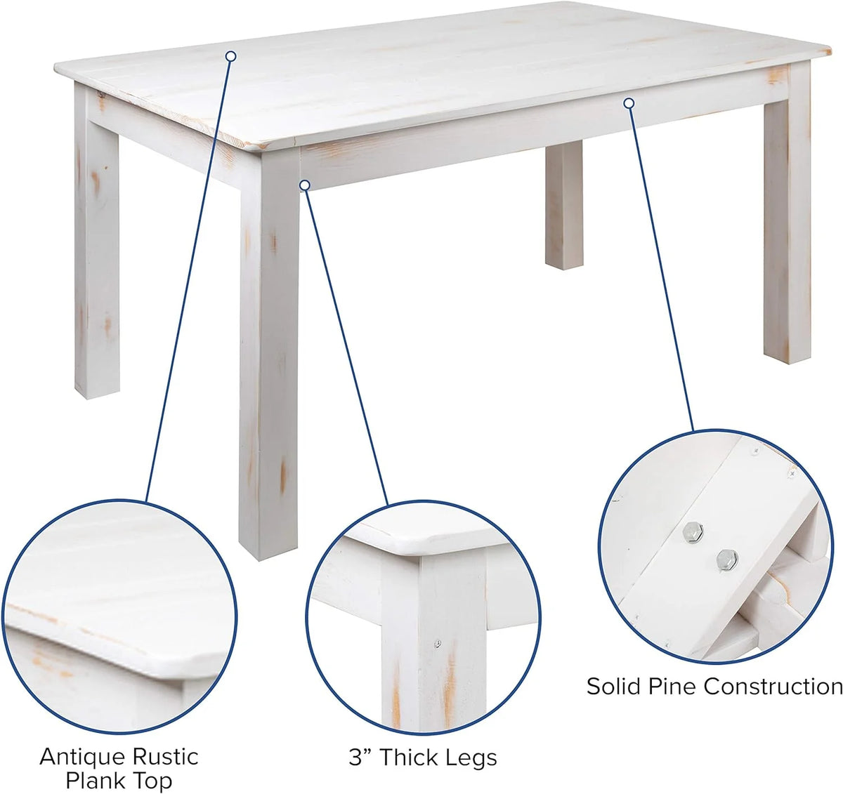 60" X 38" Rectangular Antique Rustic White Solid Pine Dining Table E300296