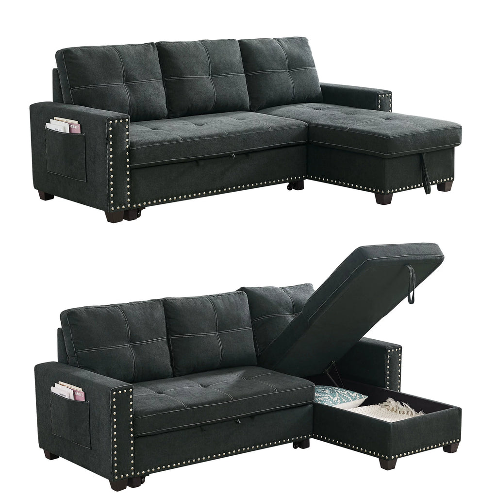 Black Queen Size Sleeper Sofa Bed with Storage Chaise H619