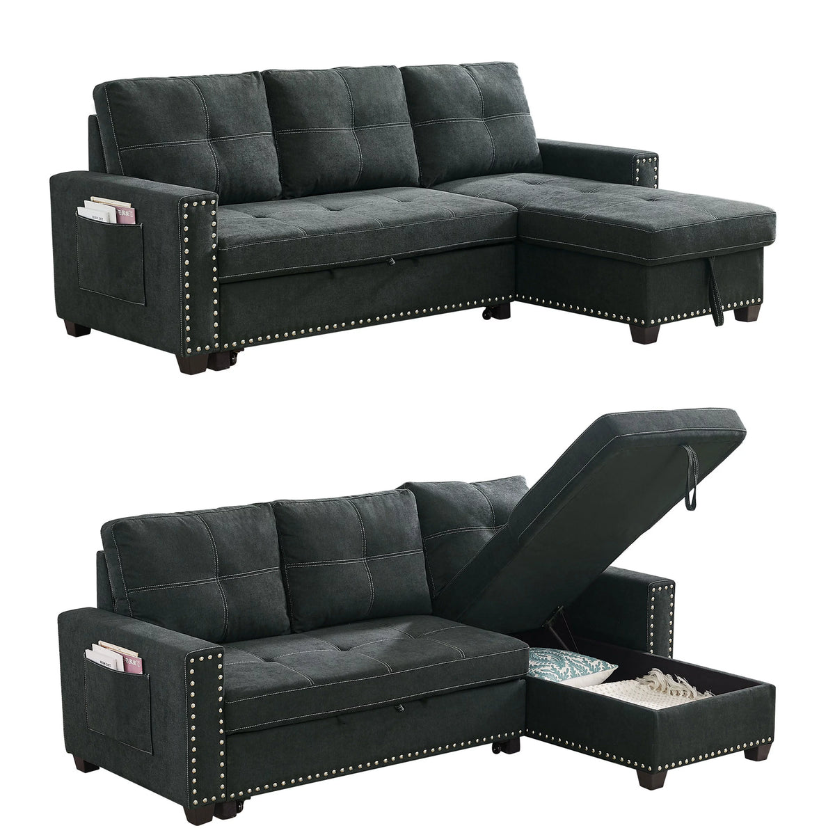 Black Queen Size Sleeper Sofa Bed with Storage Chaise H619