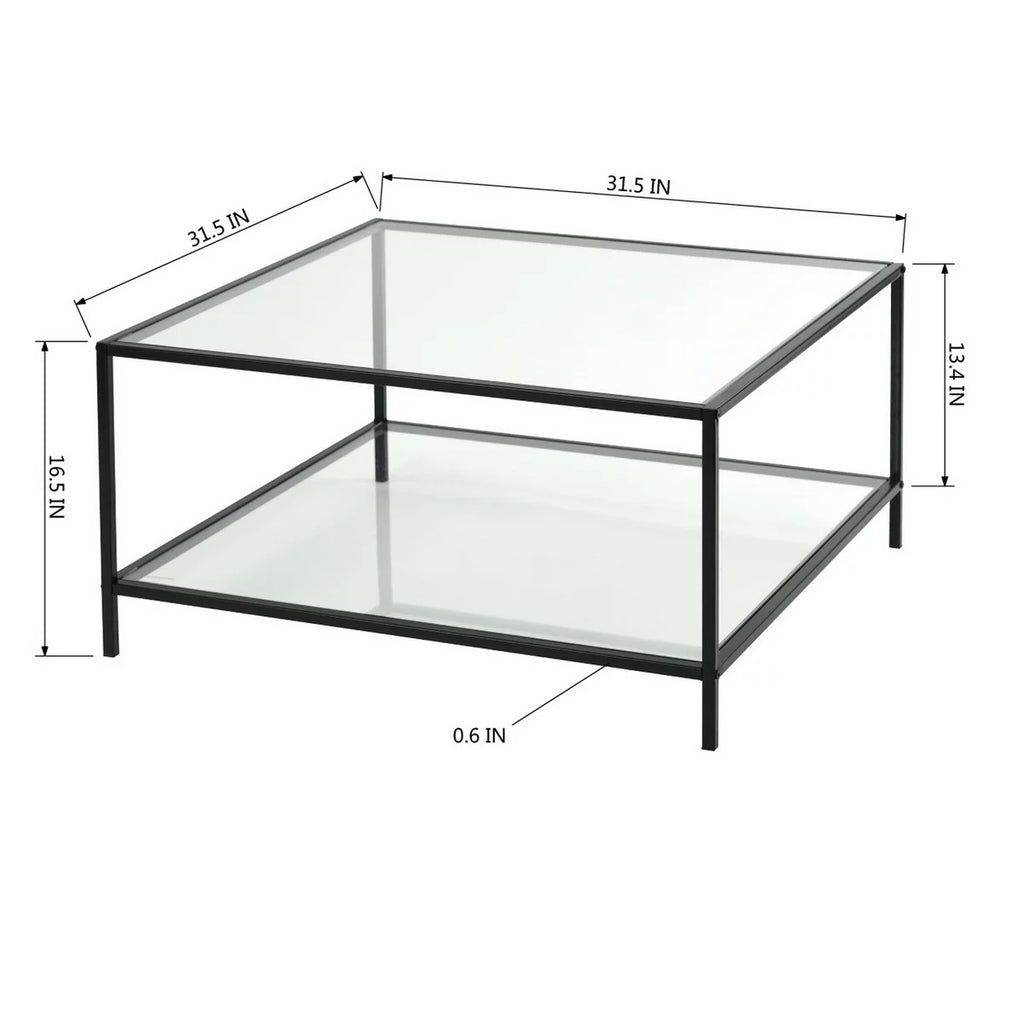 Square Tempered Glass Coffee Table with Storage Rack, Black E715666