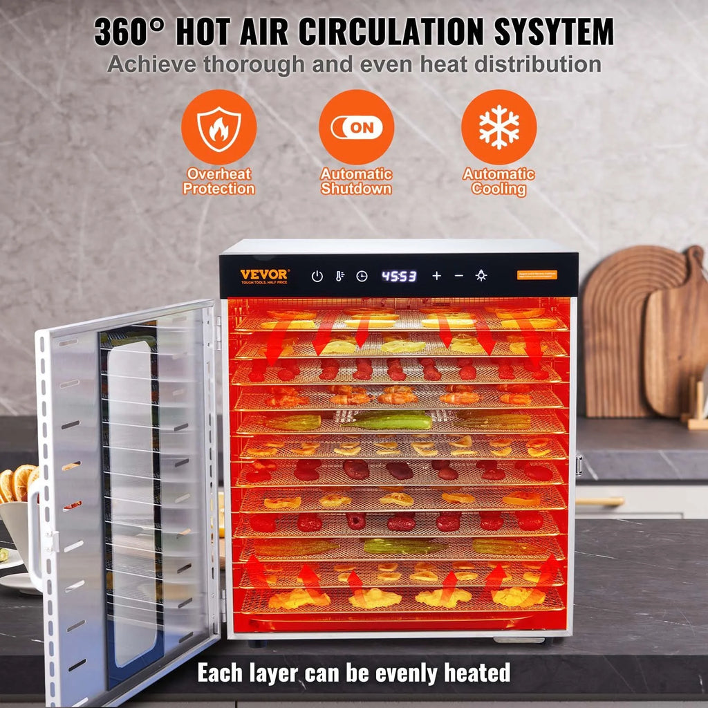 Food Dehydrator Machine, 10 Stainless Steel Trays, 1000W Electric Food Dryer F821788