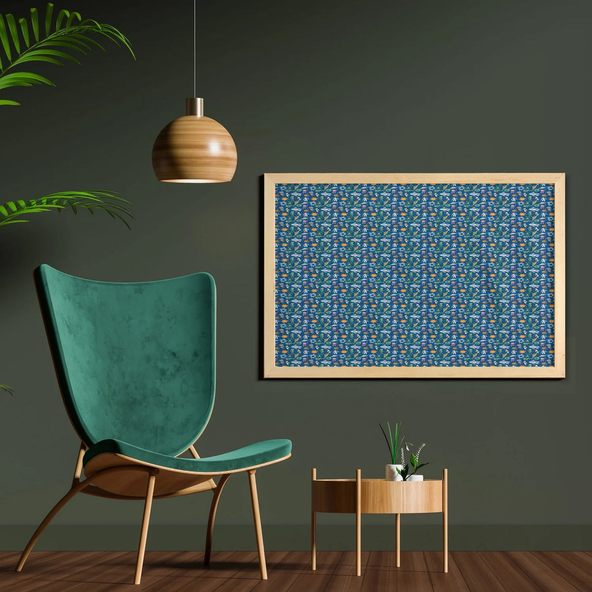 Ufo Aliens and Human Astronaut Making Friends Caricature Galaxy Pattern Printed Fabric Poster with Frame, 35" x 23", Multicolor X29463