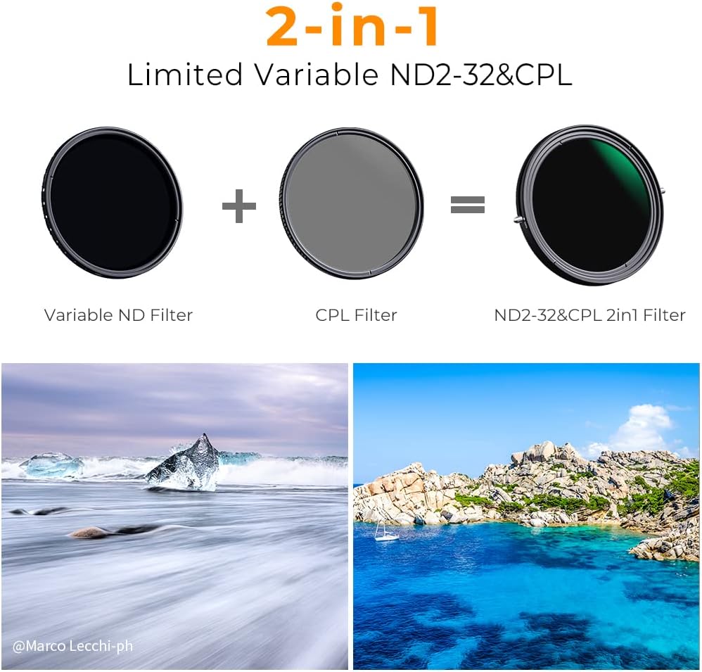 62mm Variable Fader ND2-ND32 ND Filter and CPL Circular Polarizing Filter 2 in 1 Pack of 2 D14120