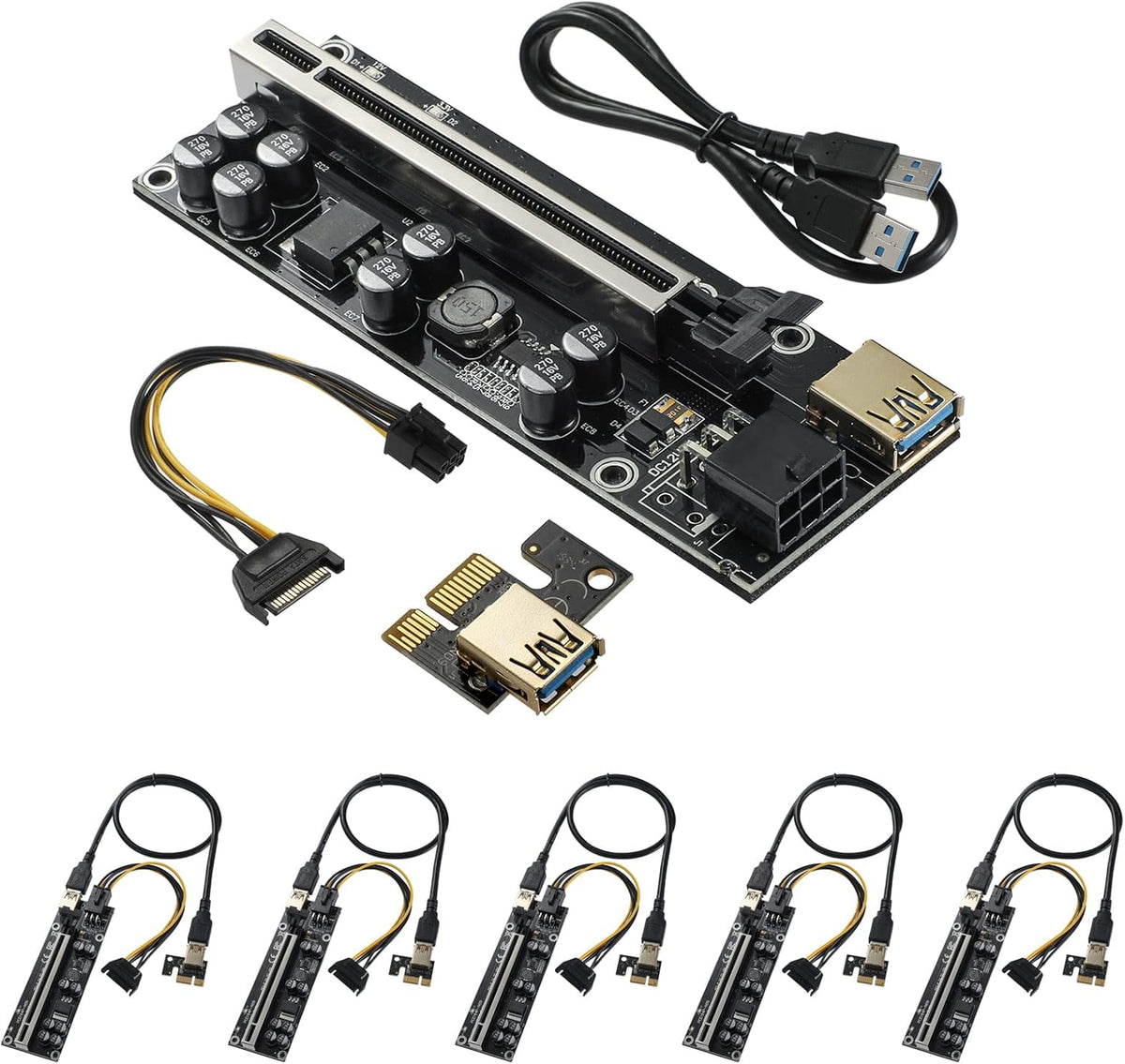 PCIE Riser with 6PIN SATA Power Cable and 60cm USB 3.0 Cable, 6 Pack X7858