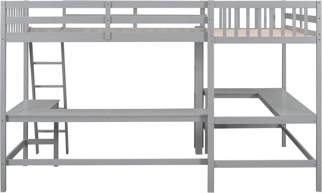 Gray Wooden L-Shaped Double Twin Size Loft Bed Frame with 2 Built-in Desks and Ladder M707909