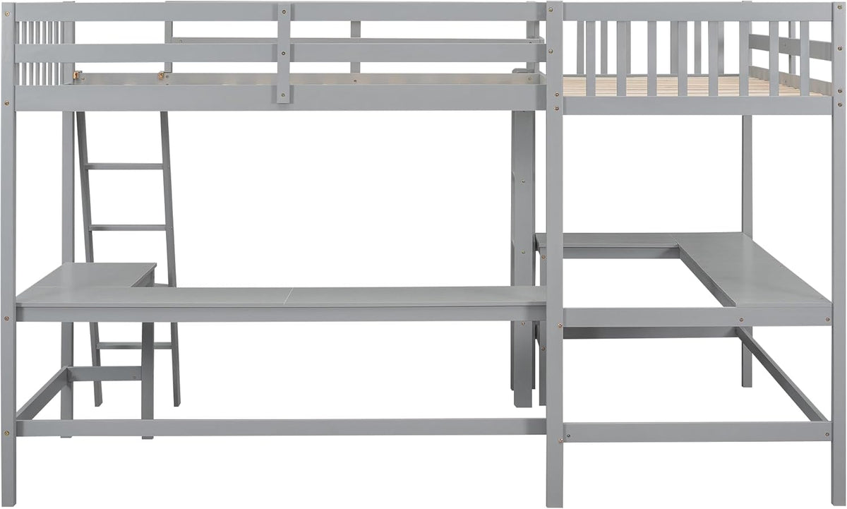 Gray Wooden L-Shaped Double Twin Size Loft Bed Frame with 2 Built-in Desks and Ladder M707909