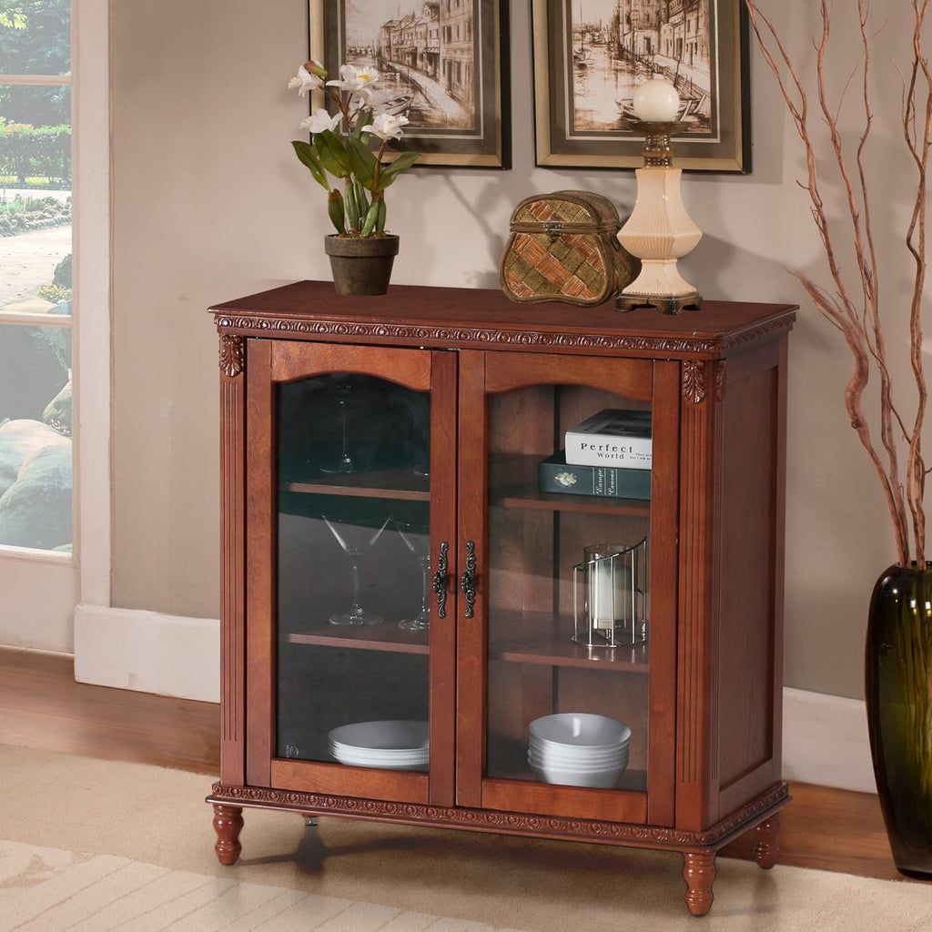 Wood Sideboard Cabinet with Glass Double Doors and Adjustable Shelves R184