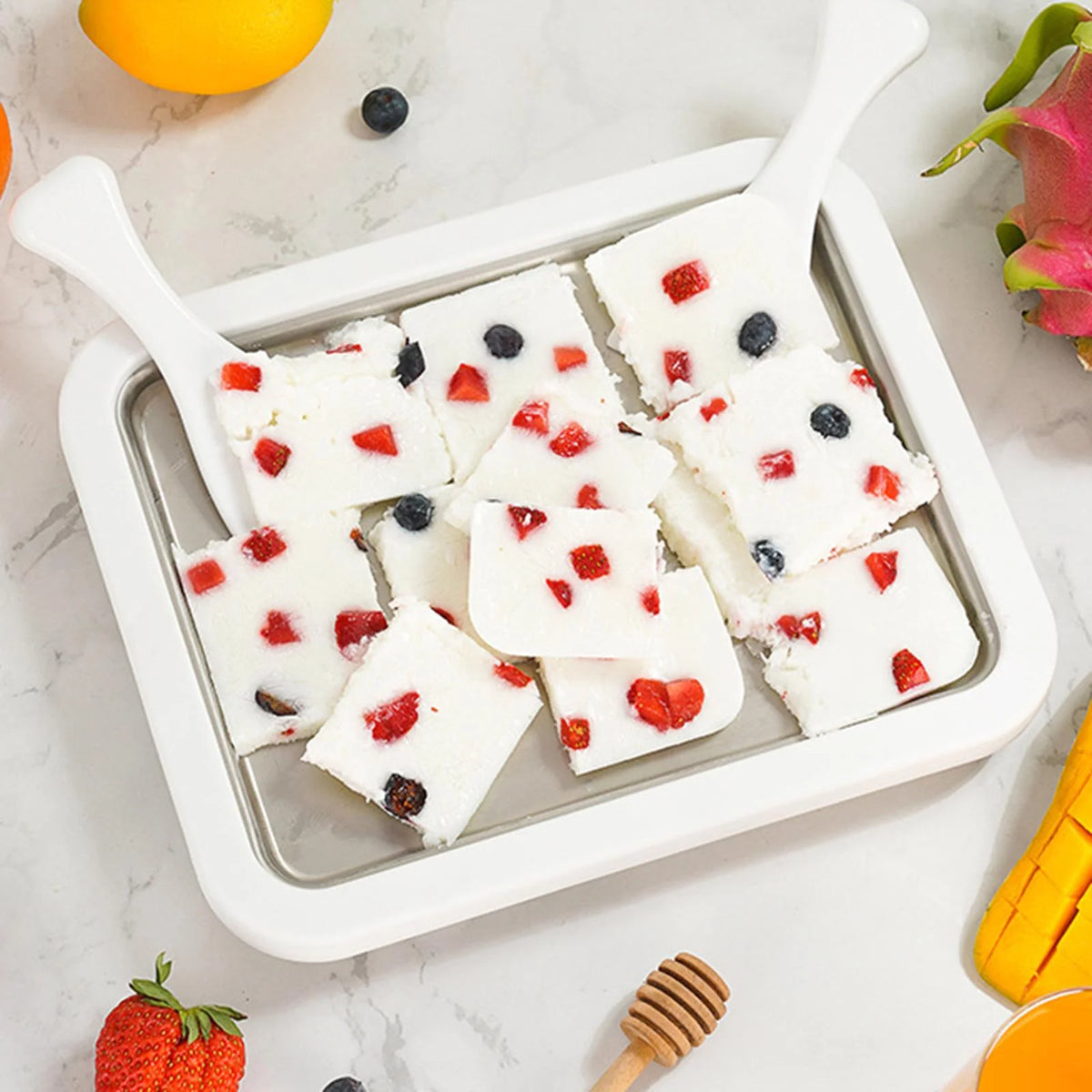 White Ice Cream Maker Roller Pan with 2 Scrapers Z933