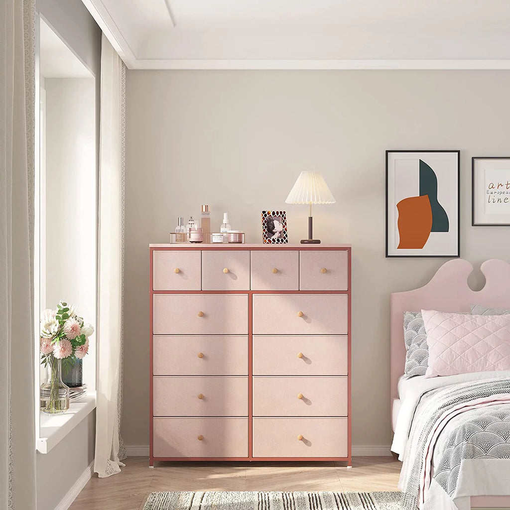 Pink 12 Drawer Dresser with Wood Top W1109