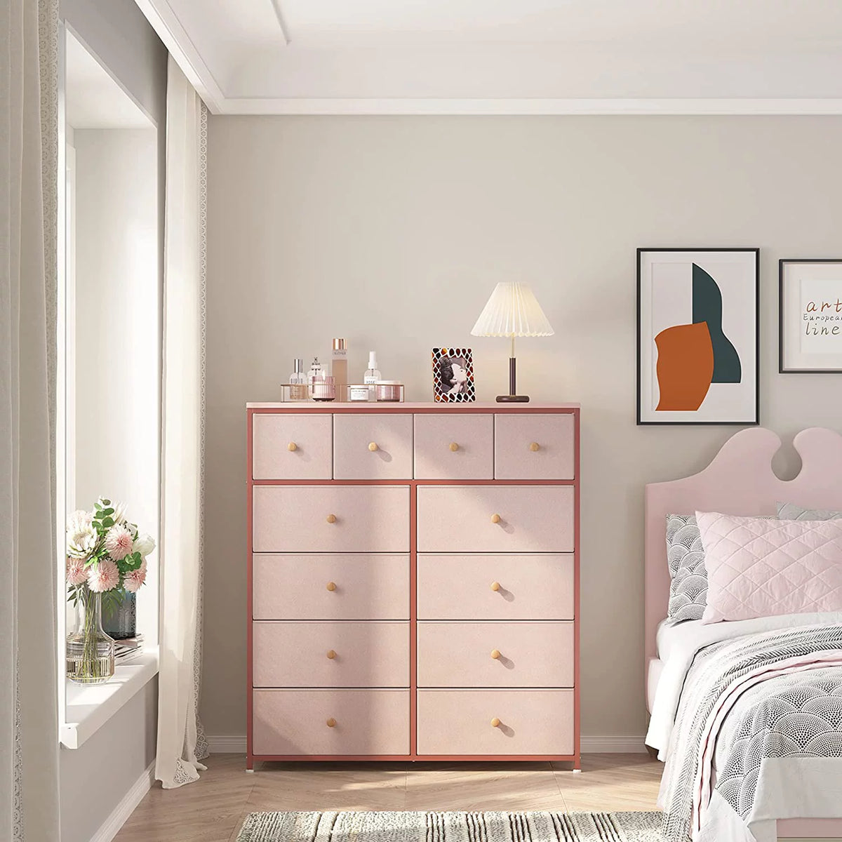 Pink 12 Drawer Dresser with Wood Top W1109