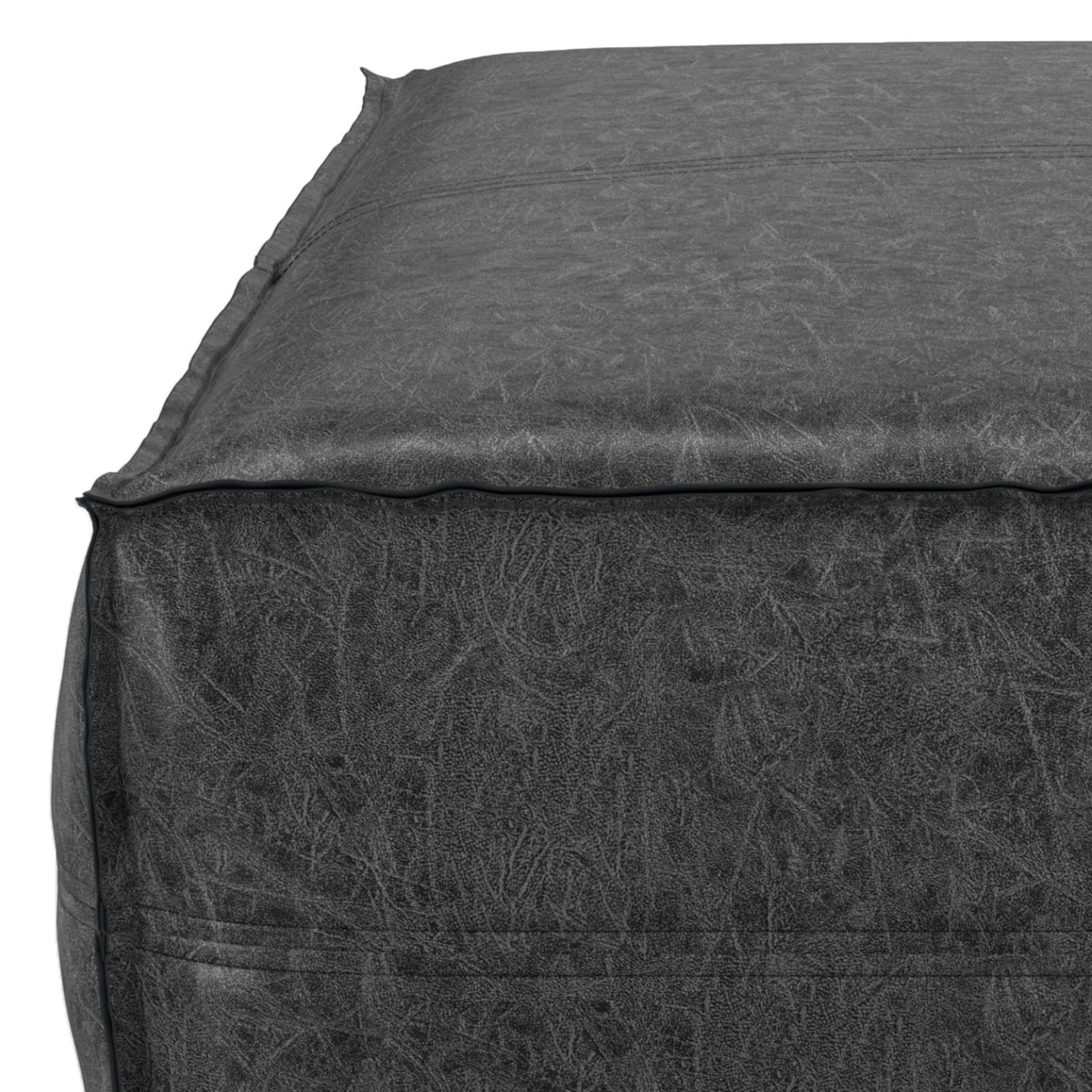 Distressed Black Vegan Faux Leather Pouf N209431