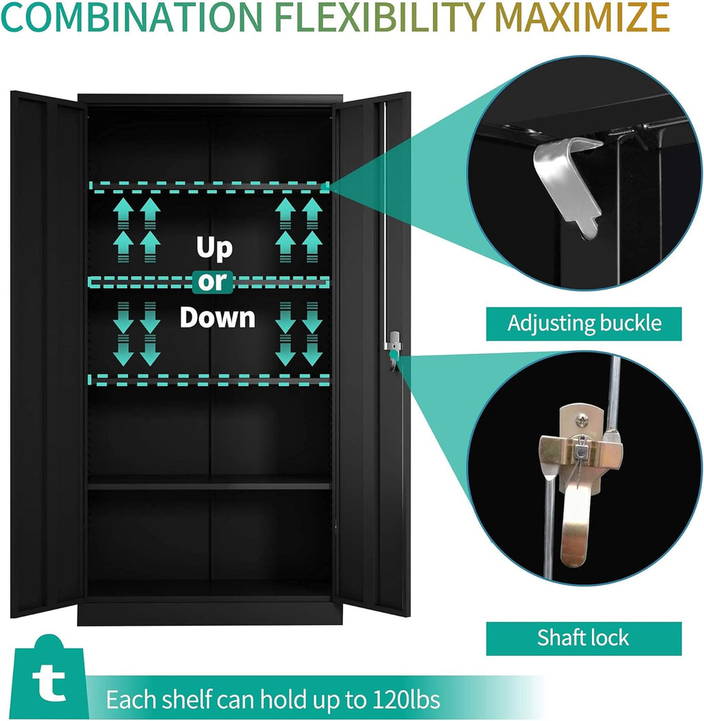 Black Metal Storage Cabinet with 4 Adjustable Shelves and Lockable Doors F452