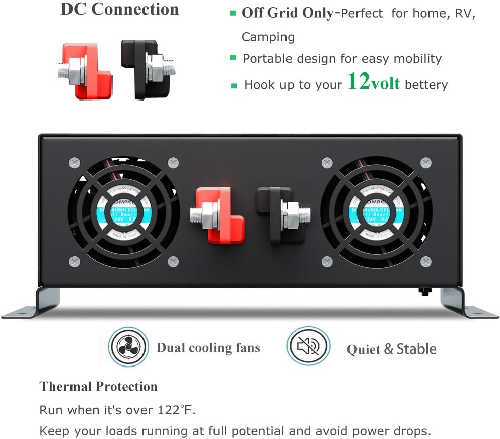 2500W 12VDC 120VAC Pure Sine Wave Power Inverter with 2 AC Outlets Wired Remote Control W165