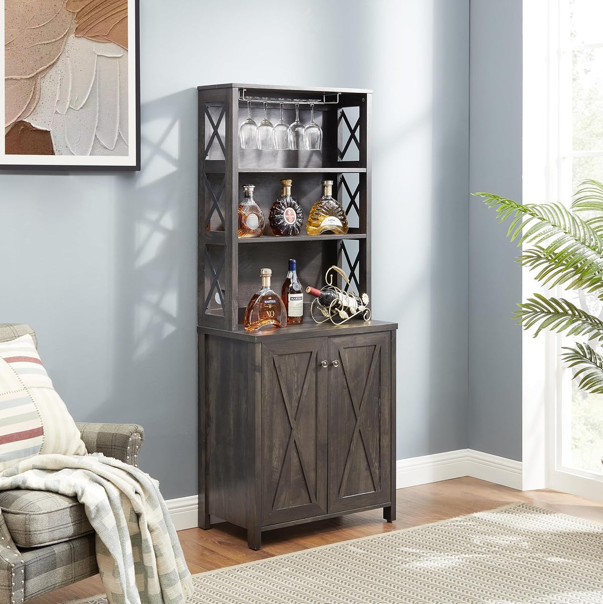 Charcoal Gray Coffee Bar Cabinet with Microwave Stand Q549182