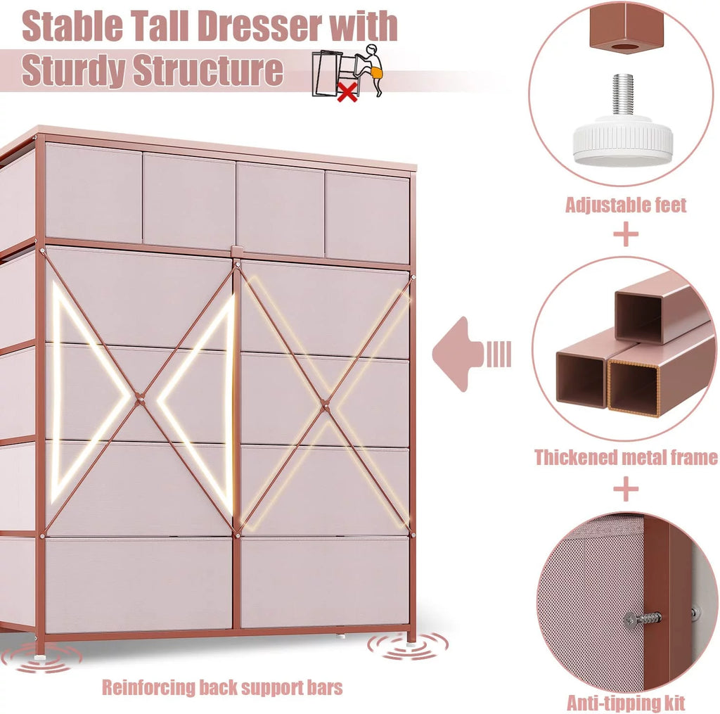 Pink 12 Drawer Dresser with Wood Top W1109