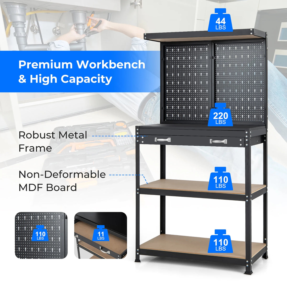 Heavy-Duty Workbench with 2 Shelves Y1023