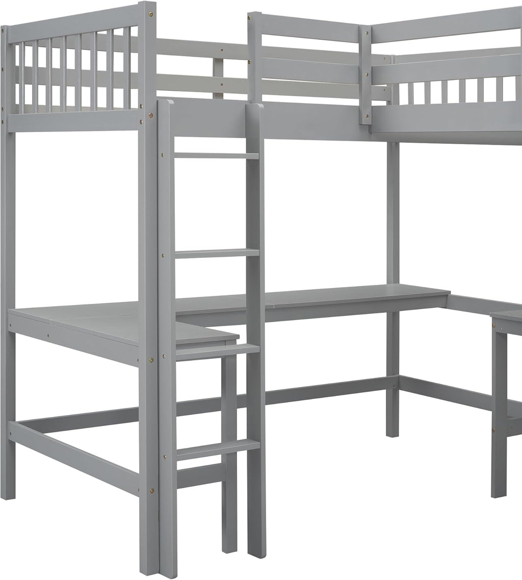 Gray Wooden L-Shaped Double Twin Size Loft Bed Frame with 2 Built-in Desks and Ladder M707909