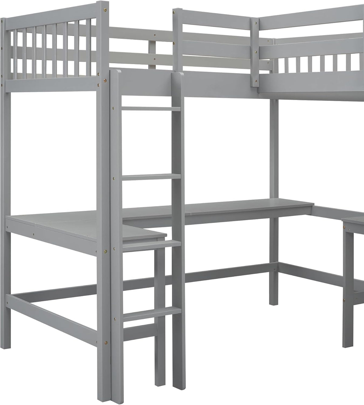 Gray Wooden L-Shaped Double Twin Size Loft Bed Frame with 2 Built-in Desks and Ladder M707909