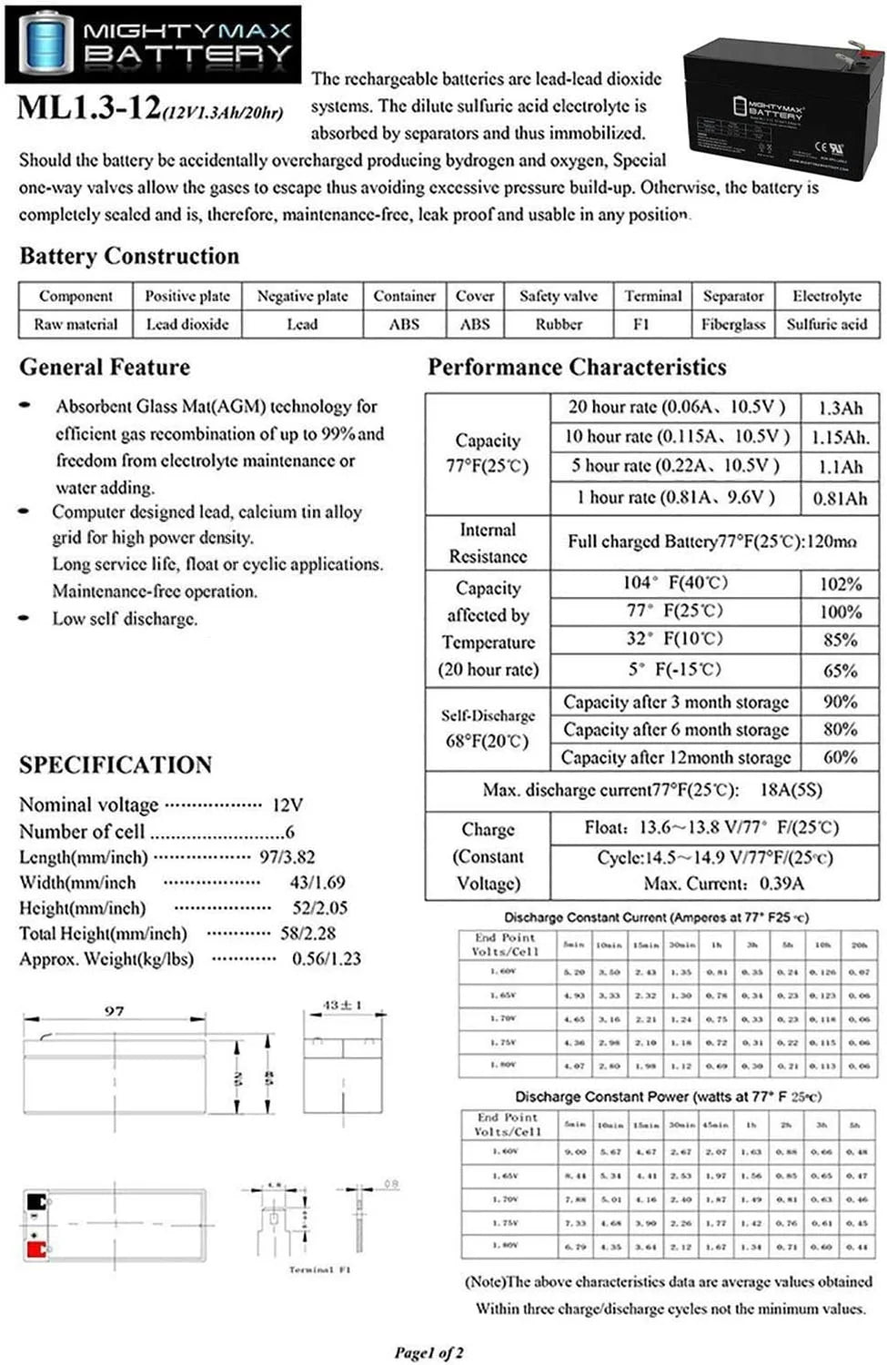 12V 1.3Ah Battery 2 Pack H6708