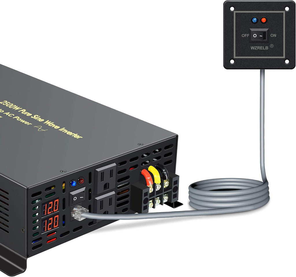 2500W 12VDC 120VAC Pure Sine Wave Power Inverter with 2 AC Outlets Wired Remote Control W165