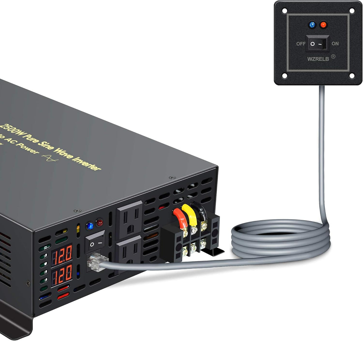 2500W 12VDC 120VAC Pure Sine Wave Power Inverter with 2 AC Outlets Wired Remote Control W165
